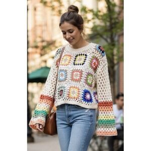 David& Dani Crochet Knit Sweater Women L Multi Granny Square Hippie Boho Cropped